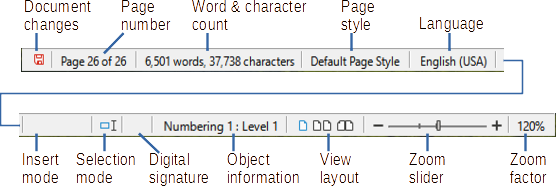 Components of the Writer Status Bar